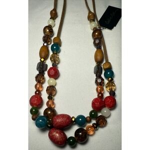 Celia Le Beads Necklace Multicolor Brown Suede Cord Boho Bohemian‎ Style